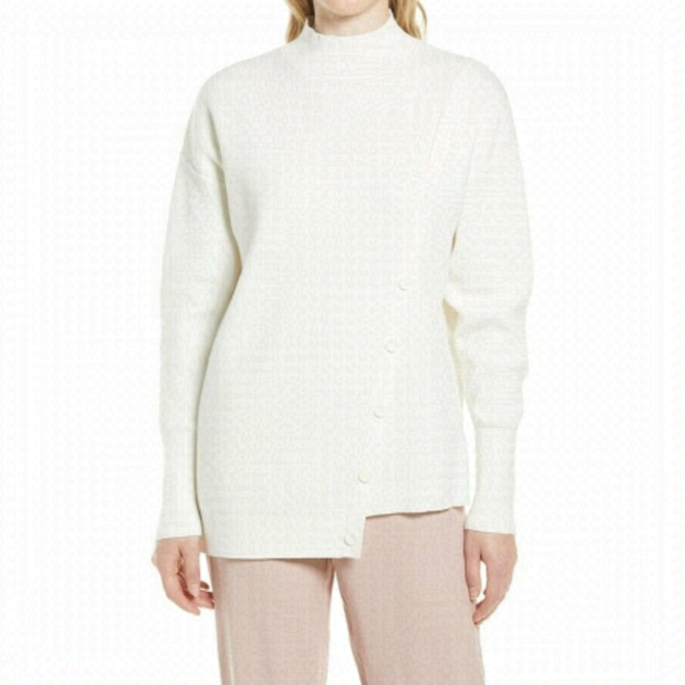 HALOGEN BNWT Sz Large Womens Ivory Ribbed Sweater New Mock Neck Button Detail